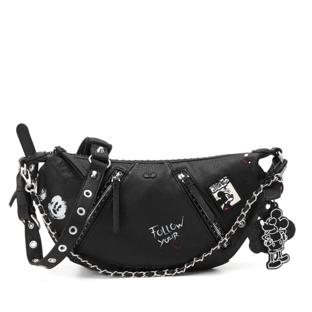 Desigual Mickey Mouse Disney black leather shoulder bag with chains